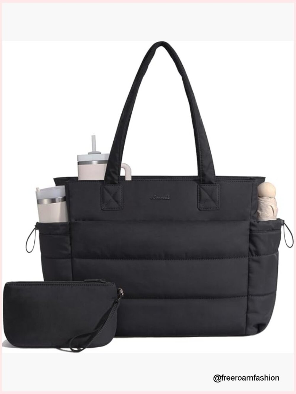 Puffer Tote Bag with Tumbler Holder, Laptop Handbag for Work Travel